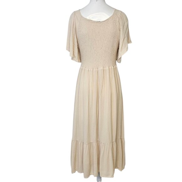Baltic Born Lovell Smocked Midi Dress, V-Neck, Lined, Flutter Sleeve, Beige, M - Picture 3 of 6